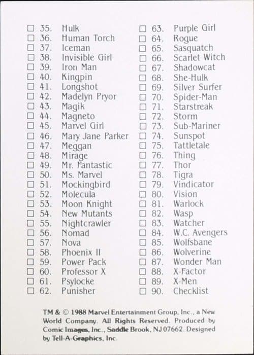Checklist #90 — Marvel 1988 Universe IV: Heroic Origins
