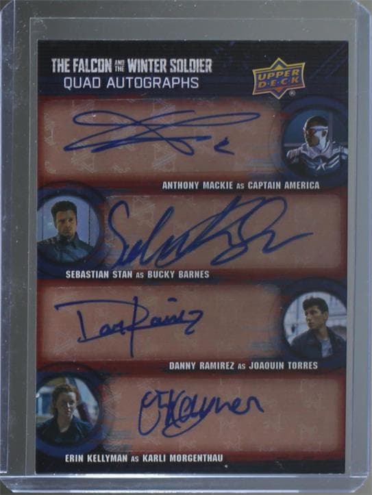Anthony Mackie as Captain America/Sebastian Stan as Bucky Barnes/Danny Ramirez as Joaquin Torres/Erin Kellyman as Karli Morgenthau #DA-SMKR — 2022 Upper Deck Marvel Studios The Falcon and the Winter Soldier
